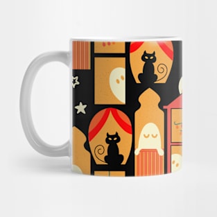Halloween Windows at Night with Ghost and Black Cats Mug